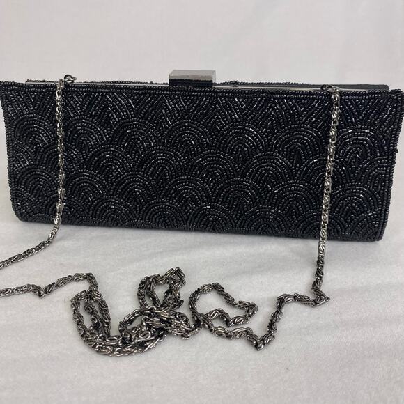 Jessica McClintock Black Beaded Evening Purse Chain Handle Goth Witchy Formal - Picture 7 of 8